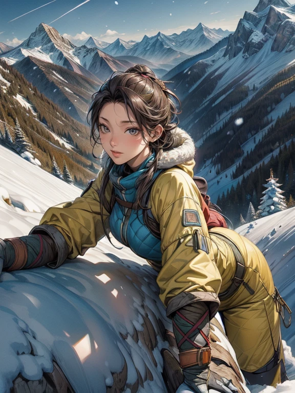 highest quality, masterpiece, Highly detailed background, Majestic Mountain々Back view of a girl climbing a hill, ((Winter mountaineer style clothing)), A person stretching out in the sunlight shining in from the mountaintop, Beautiful landscape in earth tones, A Hopeful Outlook, Expressions that give viewers a gentle feeling, Focus on the landscape、Make portrait smaller..