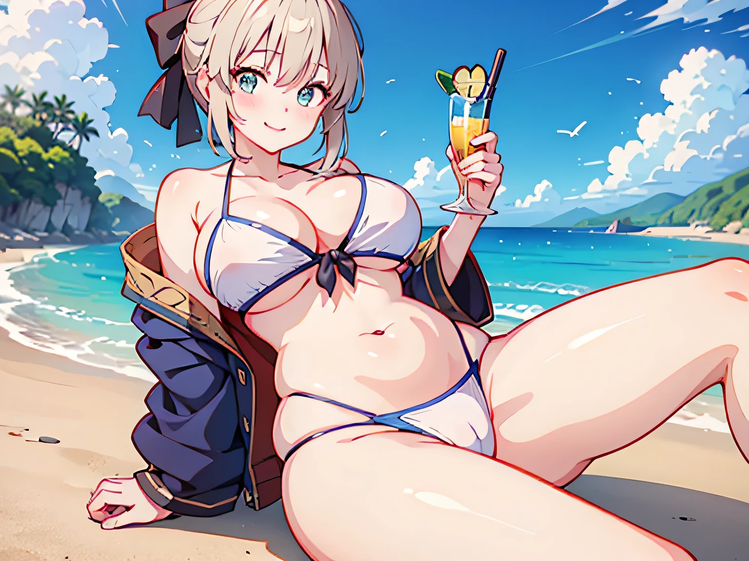 Anime illustration、highest quality、Sandy Beach、Voluptuous gravure idol、Perfect proportionicro Bikini、Overwhelmingly large breasts、Thick legs、Beautiful, shining eyes、Blushing、smile、Cowboy Shot、Artoria and Okita Souji