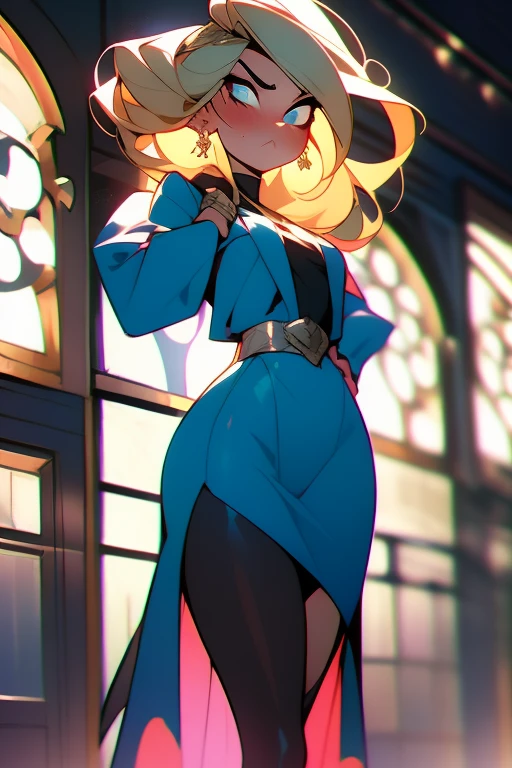 Imagine Vivienne, a young woman with a distinctive and expressive appearance. She has long, wavy blonde hair, which stands out against a black and white dress, elegant and with modern touches. The dress, fitted at the waist and more fluid in the skirt, creates a striking silhouette that complements her tall, slender figure.

Over her dress, she is wearing a blue jacket with pink details, which is open showing her outfit underneath it. The jacket has a large hood that can cover her golden hair and is adorned with long, full sleeves that give it a dramatic look. Decorating the jacket, there are various patches and pins; some have drawings of wolves and other Japanese characters, adding a touch of rebellion and mystery to their style.

Vivienne wears high-heeled shoes, which add an audible click with every step she takes, projecting an image of determination and strength. Her expression is a complex mix of emotions: her large, expressive aquamarine eyes are filled with tears and surrounded by an intense blush, which contrasts with her angry expression and (((extremely exaggerated pout))), accompanied by (( (puffed cheeks extremely exaggerated))).

The image quality of her is exceptional, in 8K, capturing every detail from the bright tears in her eyes to the unique texture of her decorated jacket, to her exceptionally detailed face.