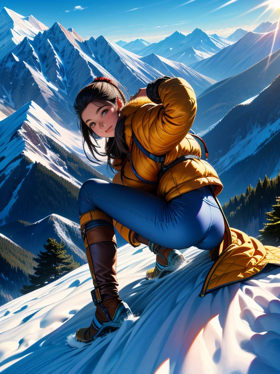 highest quality, masterpiece, Highly detailed background, Majestic Mountain々Back view of a girl climbing a hill, ((Winter mountaineer style clothing)), A person stretching out in the sunlight shining in from the mountaintop, Beautiful landscape in earth tones, A Hopeful Outlook, Expressions that give viewers a gentle feeling, Focus on the landscape、Make portrait smaller..