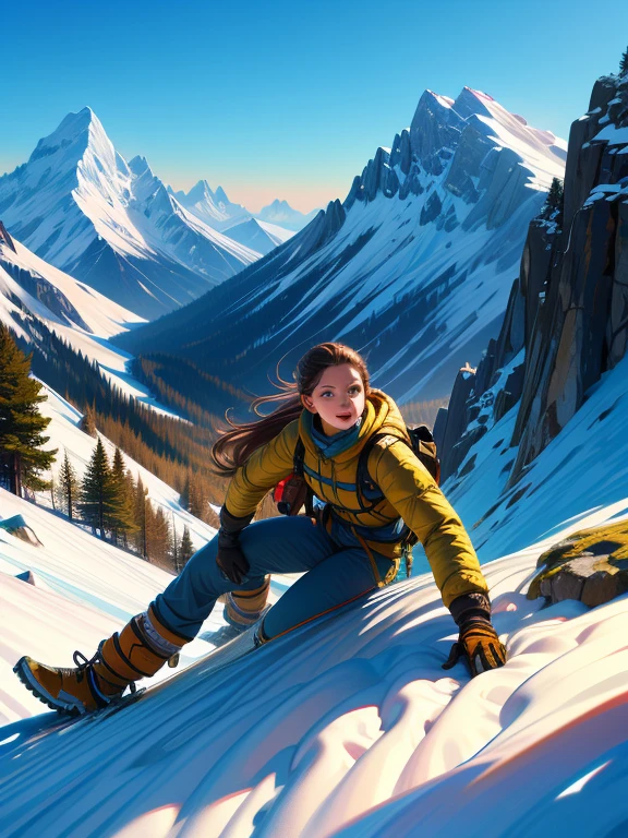 highest quality, masterpiece, Highly detailed background, Majestic Mountain々Back view of a girl climbing a hill, ((Winter mountaineer style clothing)), A person stretching out in the sunlight shining in from the mountaintop, Beautiful landscape in earth tones, A Hopeful Outlook, Expressions that give viewers a gentle feeling, Focus on the landscape、Make portrait smaller..