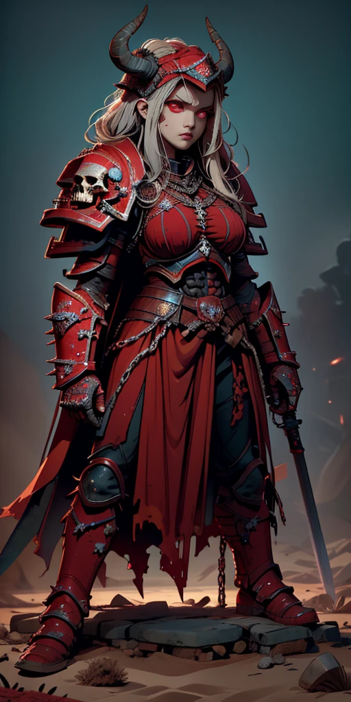 1boy, man, (masterpiece:1.2), (best quality:1.2), extremely detailed, highres, khorne female breastplate, red armor, full armor, skull, spiked armor, chain, helm, helmet, horned helmet, pauldrons, sword and rifle voltage, torn cape, gauntlets, black fur, plate armor, glowing eyes, red eyes, wasteland, dessert