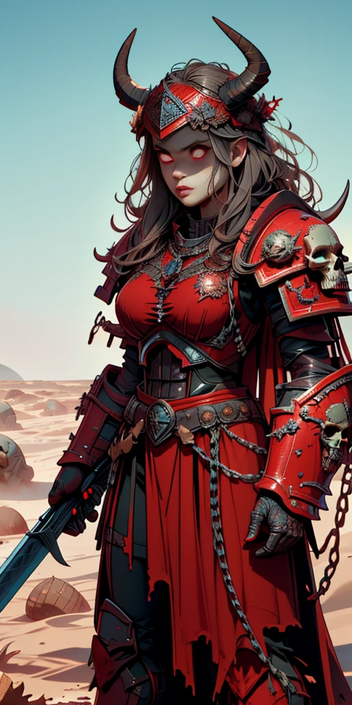 1boy, man, (masterpiece:1.2), (best quality:1.2), extremely detailed, highres, khorne female breastplate, red armor, full armor, skull, spiked armor, chain, helm, helmet, horned helmet, pauldrons, sword and rifle voltage, torn cape, gauntlets, black fur, plate armor, glowing eyes, red eyes, wasteland, dessert