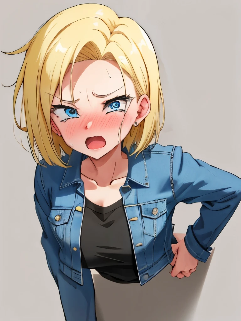  master masterpiece, best-quality, Ultra Hi-Res, glory wall,1girl, android 18, denim jacket , simple black shirt, short hair, blonde hair, blue eyes, shirt, 1girl, earrings, jewelry, long sleeves,, looking at viewer, sweat, ahegao,open mouth, open eyes, (Nose Blush:1,2) , crying,ahegao,beautiful eyes , (pov:0.8) 