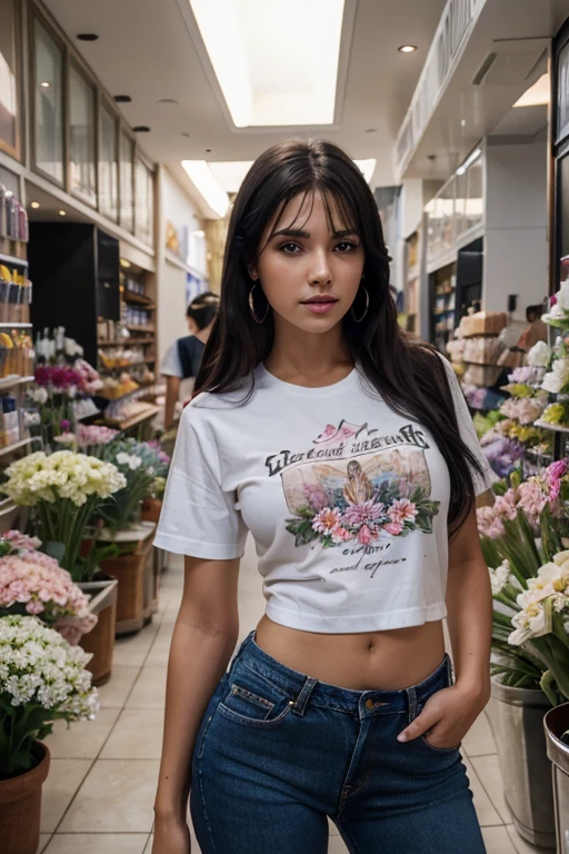 masterpiece,best quality,high resolution, Super detailed,flower shop,showcase,1 girl,80%Body,pretty face,beautiful eyes,t-shirt,jeans,earrings, black hair, detailed skin, ultra realstic face