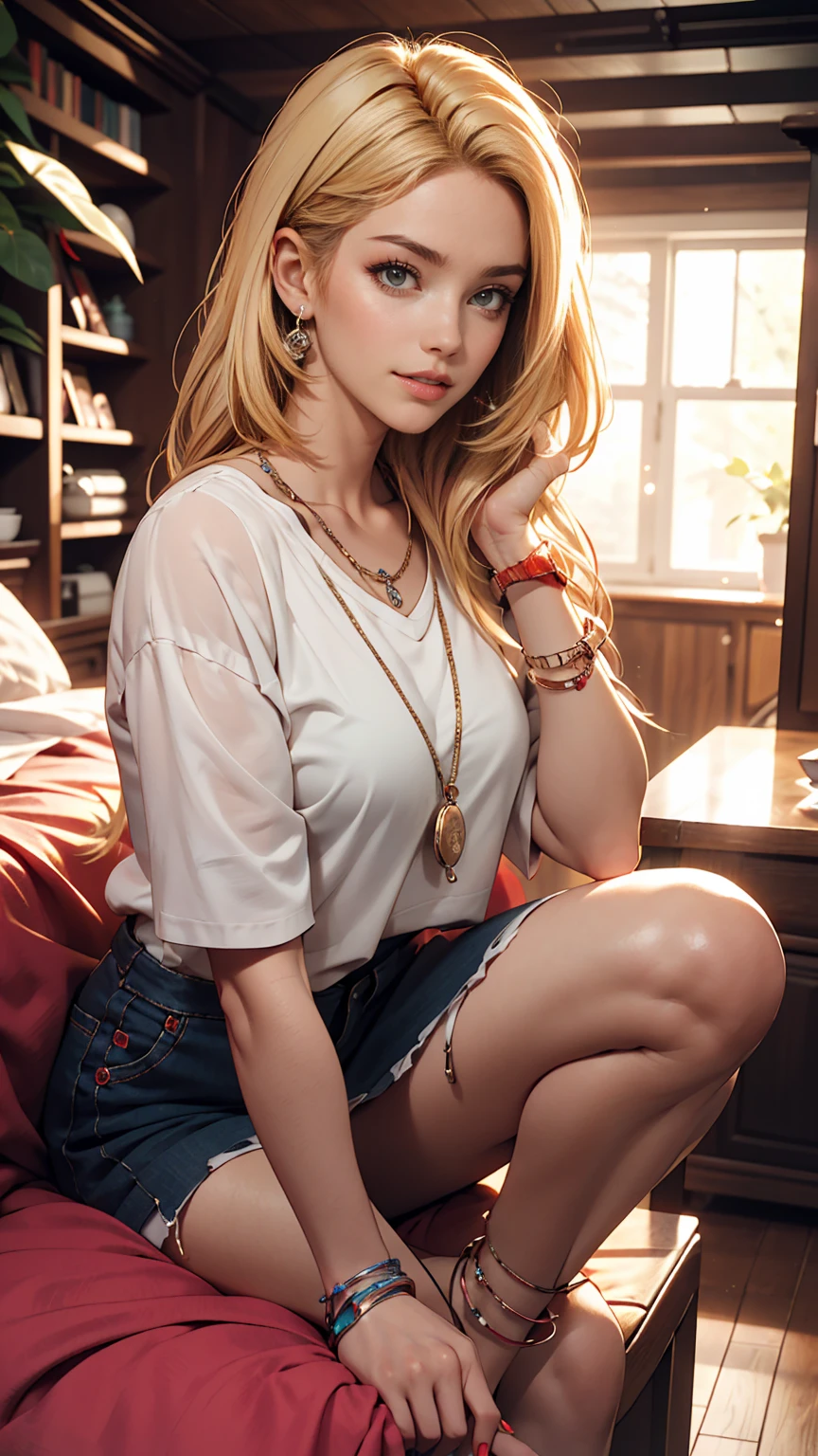 ((最high quality, 8K, masterpiece: 1.3, Ultra HD, high quality, 最high quality, High resolution, realism)) 、A 22-year-old extremely beautiful white woman、Body shape like a fashion model、Hair color blonde、blue eyeedium Hair、Straight Hair、smile、Background blur((depth of field))、Aerial perspective((atmospheric perspective))、I want my head to stay off screen、Put an anklet on your ankle、Wearing red nail polish、I&#39;m getting a pedicure、Fashion model body type、Inner Color((colored inner hair))、Hair behind ears((hair behind ear))、Home Dress((home dress))wear、Sitting in a chair in the kitchen drinking coffee from a mug、watch tv、rest one&#39;s chin on one&#39;s hand、Wear a women&#39;s watch on your right wrist