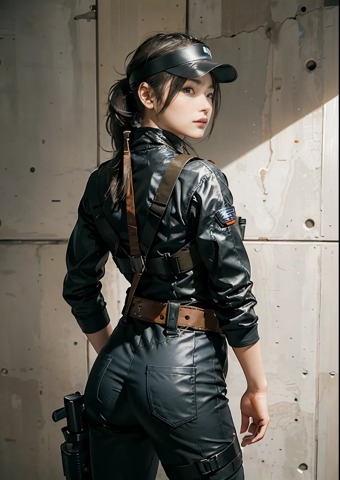 Highest image quality, outstanding details, ultra-high resolution, (realism: 1.4), (cowboy shot, from behind, looking away), highly condensed 1girl, with a delicate and beautiful face, battle posture,  ((holding a gun at the ready)), ponytail, captain, (perfect proportion, muscular:1.25, chubby:0.65), (wearing racing suit likes police uniform, black and gray mecha, wearing a visor, military harness, hanging grenades at harness, holding a machinegun), background simple grey wall,