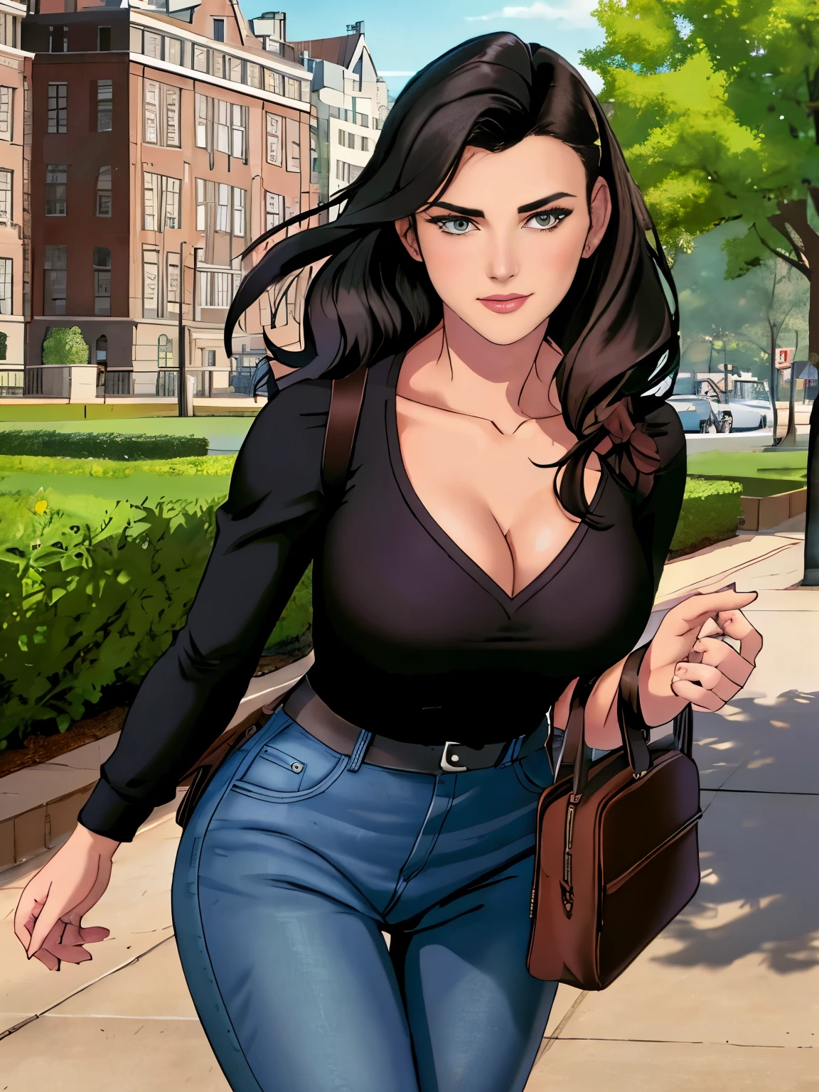 (masterpiece, top quality, best quality, official art, beautiful and aesthetic:1.2), (1girl:1.3), dark brown hair pulled back, elegant updo, extremely detailed, portrait, looking at viewer, facing viewer, solo, (full body:0.6), detailed background, close up, kindly eyes, (warm summer park theme:1.1), busty woman, charlatan, smirk, mysterious, long hair, updo, slim, thin, athletic, womanly, elastic woman, black top, green jeans, hair bandana, camera bag, brunette, city, heroic, cheerful, city exterior, park, street, daylight, soft lighting, natural lighting, athletic, strong, slim waist, slim hips, long legs, muscular legs, modern (city park exterior:1.1) background, bright mysterious lighting, shadows, magical atmosphere, dutch angle, (Abigail Shapiro)