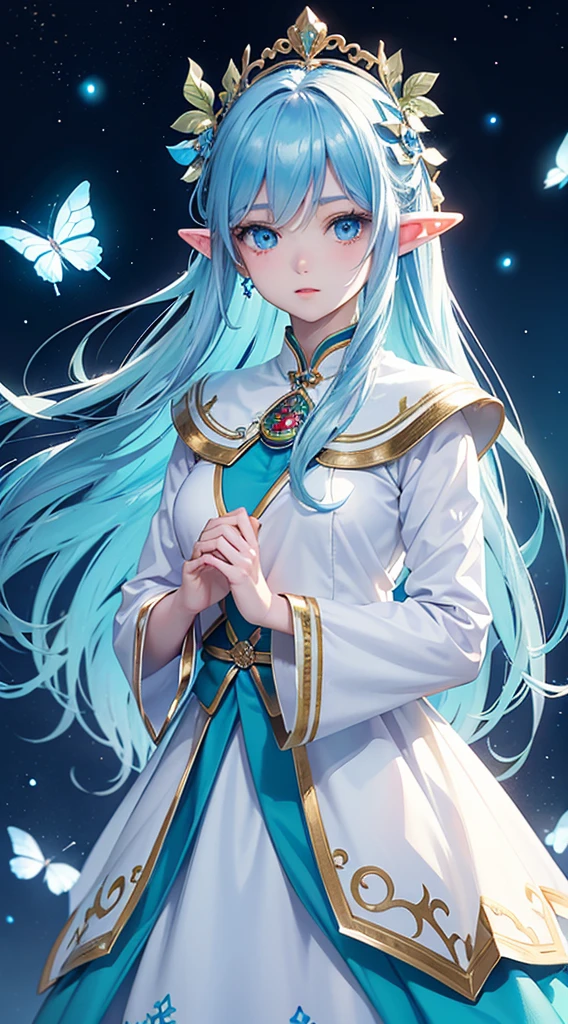 (top-quality),(master piece),((elf)),1 girl,light blue long hair,blue eyes,white clothes with blue decorations,many glowing white butterflies, night sky, magic light,high fantasy,anime art wallpaper 4k, beautiful anime artwork, beautiful anime art, beautiful fantasy anime, anime,(high contrast)