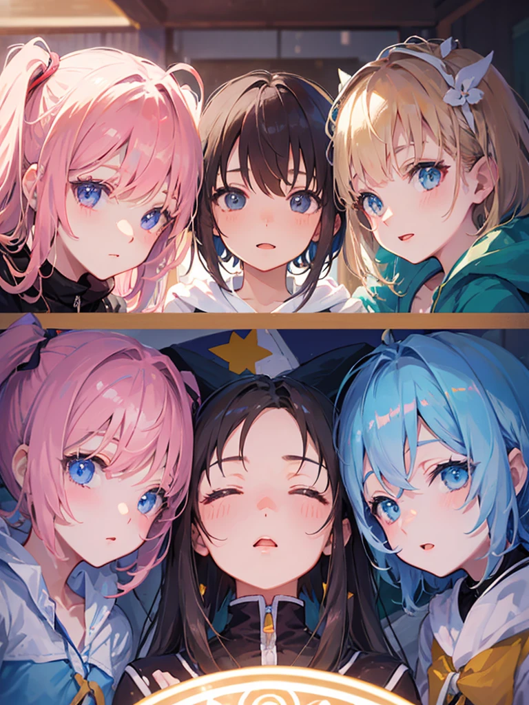 Cute girls lying down with their heads in the center in anime quality。Idol。5people。Sleeping in a circle。Radial。Jacket illustration。Various poses。Kyoto Animation