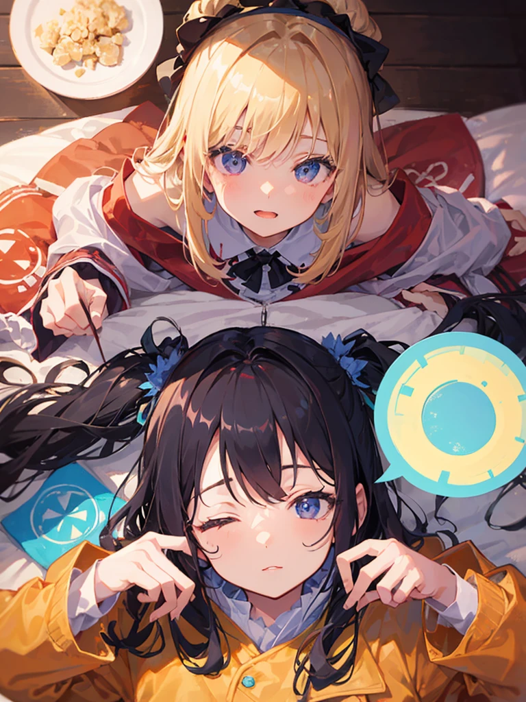 Cute girls lying down with their heads in the center in anime quality。Idol。5people。Sleeping in a circle。Radial。Jacket illustration。Various poses。Kyoto Animation