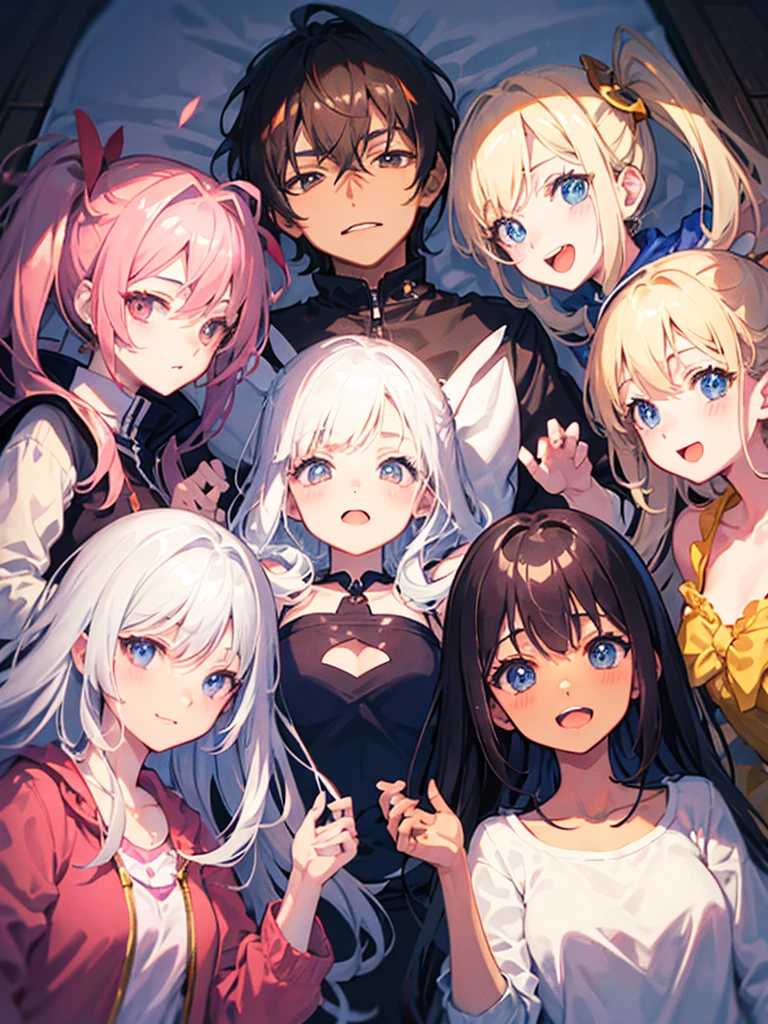 Cute girls lying down with their heads in the center in anime quality。Idol。5people。Sleeping in a circle。Radial。Jacket illustration。Various poses。Kyoto Animation