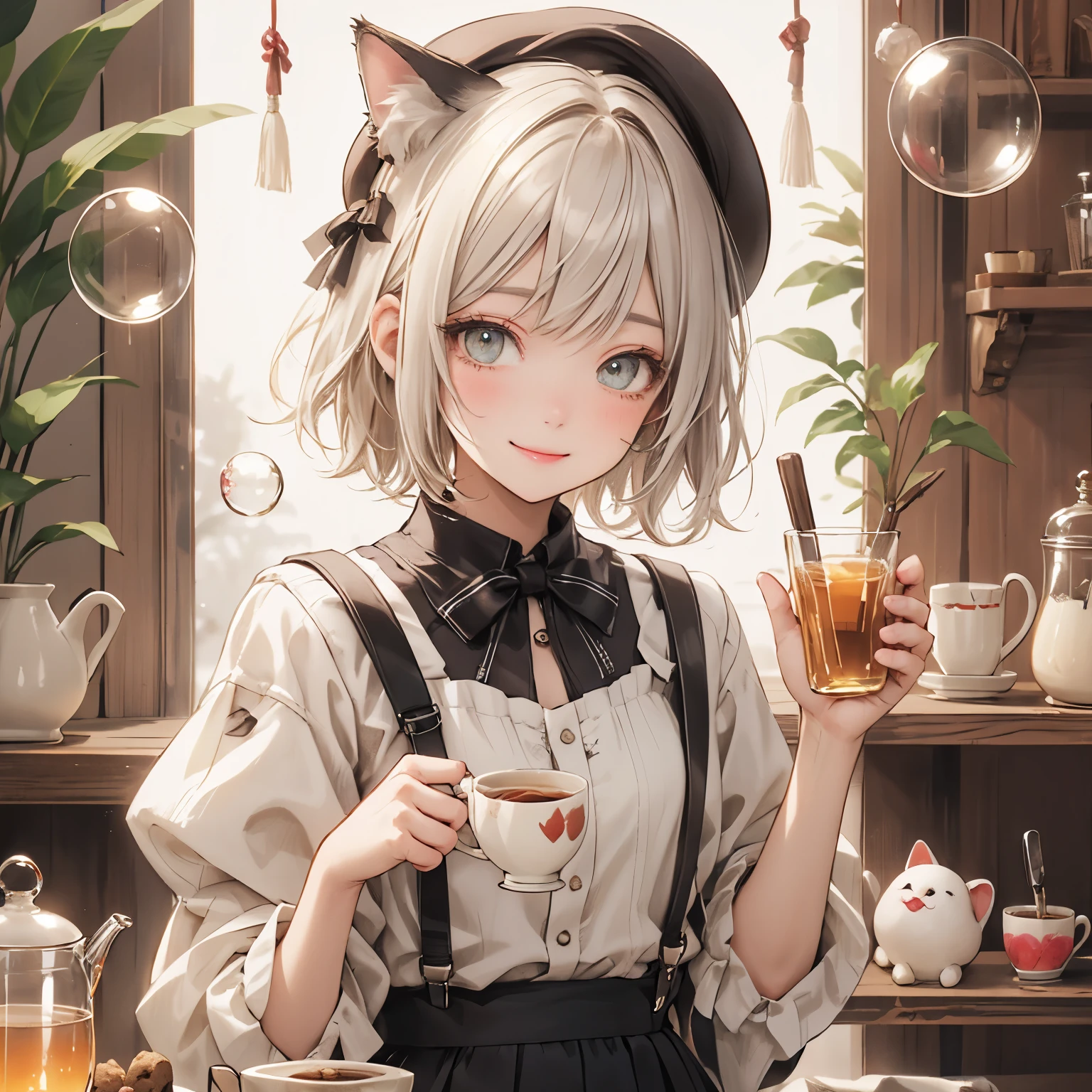 Cat ears with ivory ribbon、Ivory short hair、Ivory eyes、suspenders、Brown beret、boyish、smile、sweets、cookie、honey、Tea cup、fruits、tumbler、Background soap bubbles