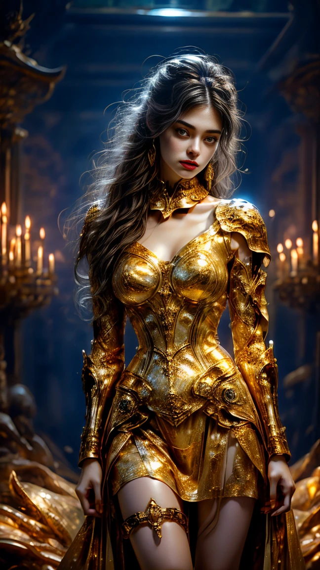 Painting of a woman in armor holding a sword，Golden Armor，Beautiful female knight，Light gold，Gold Obsidian Armor，golden goddess athena，Smooth golden armor，(Knee Shot:1.5)，Sexy，blue eyes，Extra large breasts，Pointy huge breasts gorgeous jewelry，Lips slightly open，Keep your lips elegant and charming，(blush)，Contempt，Calm and handsome，oc rendering reflection texture，Sexy风格，Medieval Castle Background，Slim body，Very small waist，(erect nipples see trough dress)，masterpiece，best quality，high resolution，8K，original photo，real picture，Digital Photography，(UHD, anatomically correct, textured skin, ccurate, award winning)