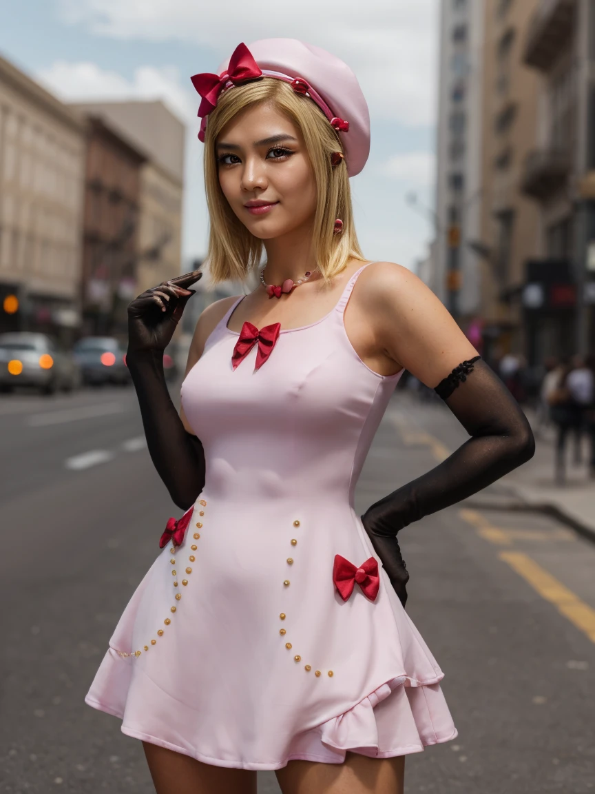 (1 lady), The beautiful, (Best quality at best:1.4), (ultra - detailed), (extremely detailed CG unified 16k), gold blonde hair, very detailed, High-definition RAW color photo, professional photoshooting, amazing face and eyes, cosmetics, (amazingly beautiful girl), ((lambdadelta, tall woman, taller)), ((dress, red bow, pink hat, necklace, gloves, pearl, pink dress)), standing, realistic cinematic face, photo portrait, upper body (shoulders to head), photorealistic, ((realistic natural blonde hair style, red eyes)), gorgeous, extremely beautiful face, perfect model beauty, pout mouth, flirting smile, s, city girl, western, (masterpiece), best quality, high resolution, extremely detailed, blurred background, depth of field, cinematic lighting, clear and well-cared skin