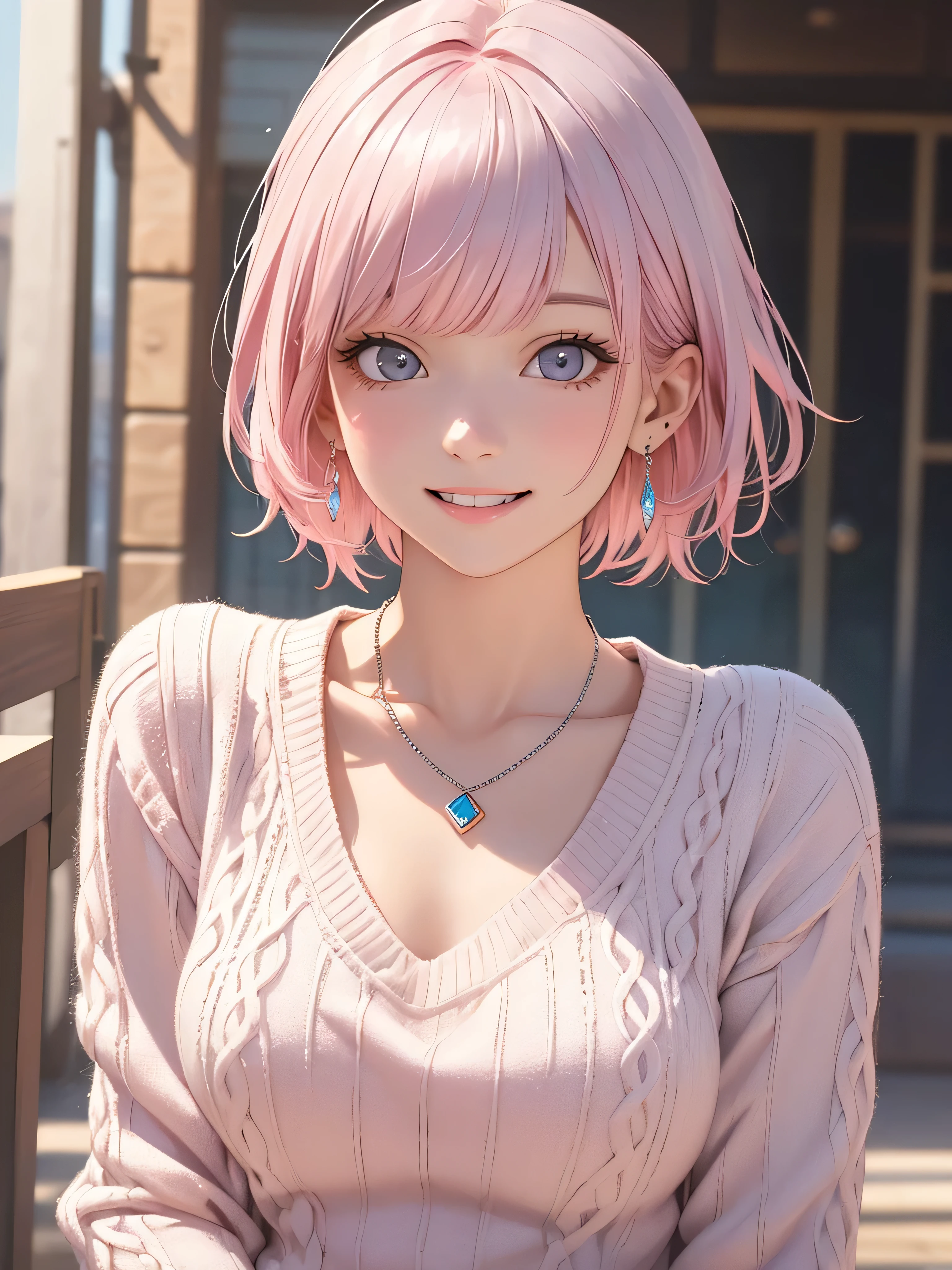 (8k, highest quality, masterpiece:1,2), (Realistic, Realistic:1.37), Super Detail, One Girl,), (Very detailedな), (Beautiful and detailed), (highest quality), (Very detailed ), (masterpiece), (Detailed face),20-year-old, ,1 girl, ((Pink Hair,Very short hair)), Dressed, Perfect lighting, (White sweater:1.2), (Silver earrings:1.1), (Silver Necklace:1.1) Cut the left bangs, Pin on right ear, smile, Teeth are visible, Eyes staring at the camera, Place one'Right hand in one'Coat pocket, place your left hand on your hip, Put your right foot forward, The left leg is bent, Urban background, Dark colors, Contrast, Evening Light, Light from the left, Right Shadow, Coat and tights texture,head shot
