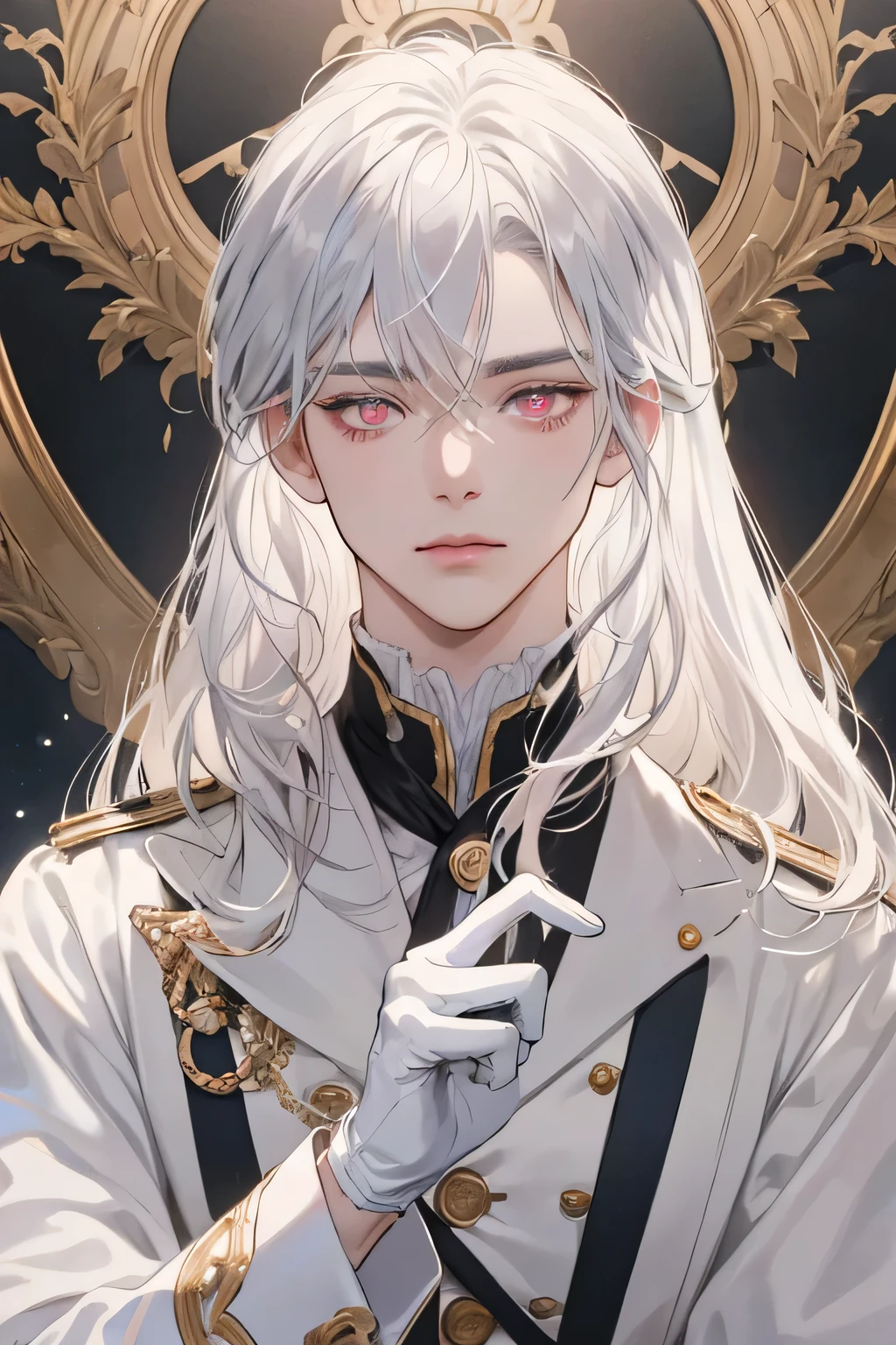 Emporer, old Man, male, 1boy, mature male, manly, shine, depicting Equal eyes, golden eyes (A Male god) Look at camera, depicting delicate facial features, white gold uniform victorian, white gloves, gothic style, ribbon, silver white hair, extreme detail, delicate depiction, light pink eyes, royal, elegant, noble, royal dress, pink eyes, silver white long hair, pink eyes, pink eyes, perfect eyes