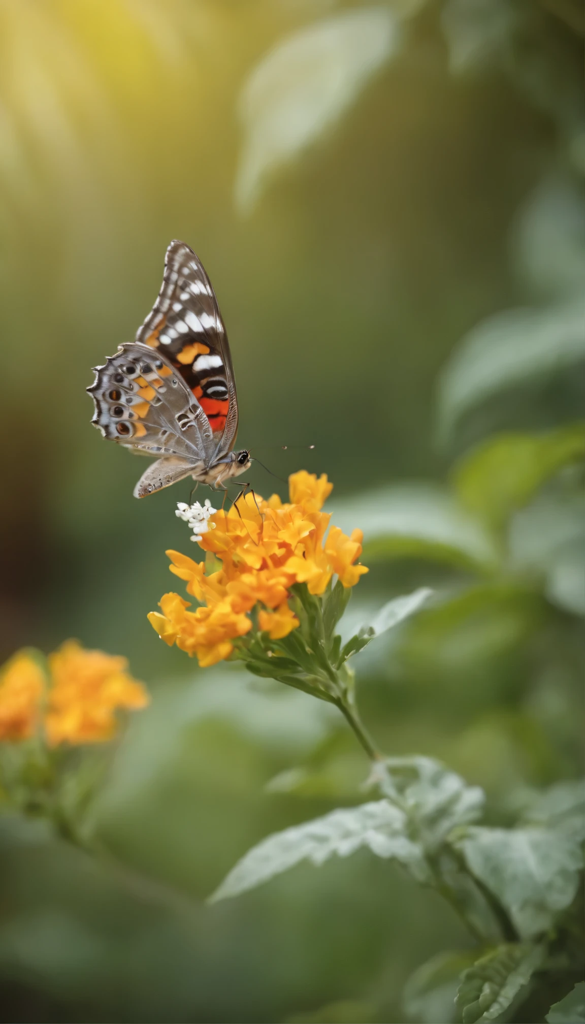 A bright rainbow-colored butterfly with intricately patterned wings、Flying gracefully through the lush gardens in front of a quaint home。Its wings are spread to an impressive width、Each shade blends perfectly into the next。