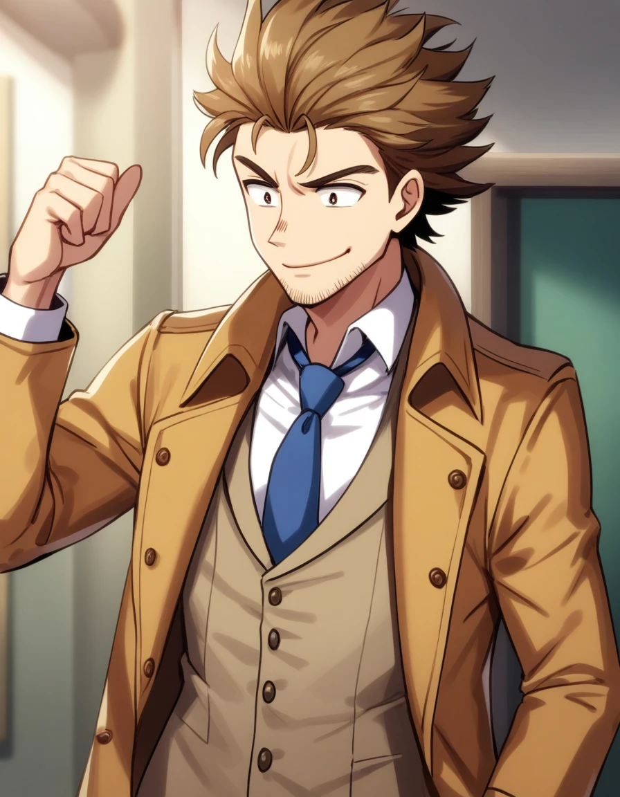 best quality, 1man, goofy mature detective, boned nose, wavy slicked back spiked hair, yellow_brown hair, BREAK shihaku, brown eyes, dandy, pleasant, virile, stubble, square shaped, large eyes, ugly, solo, upperlegs, white collared_shirt, blue necktie, trench_coat, dark worn-out suit, smile, standing, BREAK in eroge style, visual novel, 1990s
