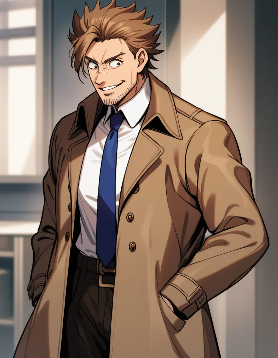 best quality, 1man, goofy mature detective, boned nose, wavy slicked back spiked hair, yellow_brown hair, BREAK shihaku, brown eyes, dandy, pleasant, virile, stubble, square shaped, large eyes, ugly, solo, upperlegs, white collared_shirt, blue necktie, trench_coat, dark worn-out suit, smile, standing, BREAK in retro eroge style, visual novel, 1990s