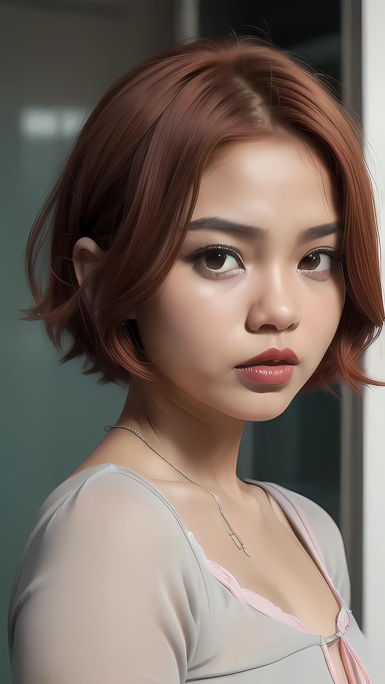 Very cute and baby-like face, Very cute and baby-like face, G-String, Angry pose, Angry face, (((MALAY GIRL))), masterpiece, High quality, UHD 45K, Realistic face, Realistic skin feeling , A Malay Lady, 8 years old, Very cute and baby-like face, (((FLAT CHEST))), (MATRIX WORLD), ((look In front  at the camera and SADNESS)), (((short red hair style))), (((CUTE GIRL))), ((PASTEL RED LIPS)), ((PASTEL SILVER BLOUSE)), ((CHUBBY)), ((UNDRESS)).