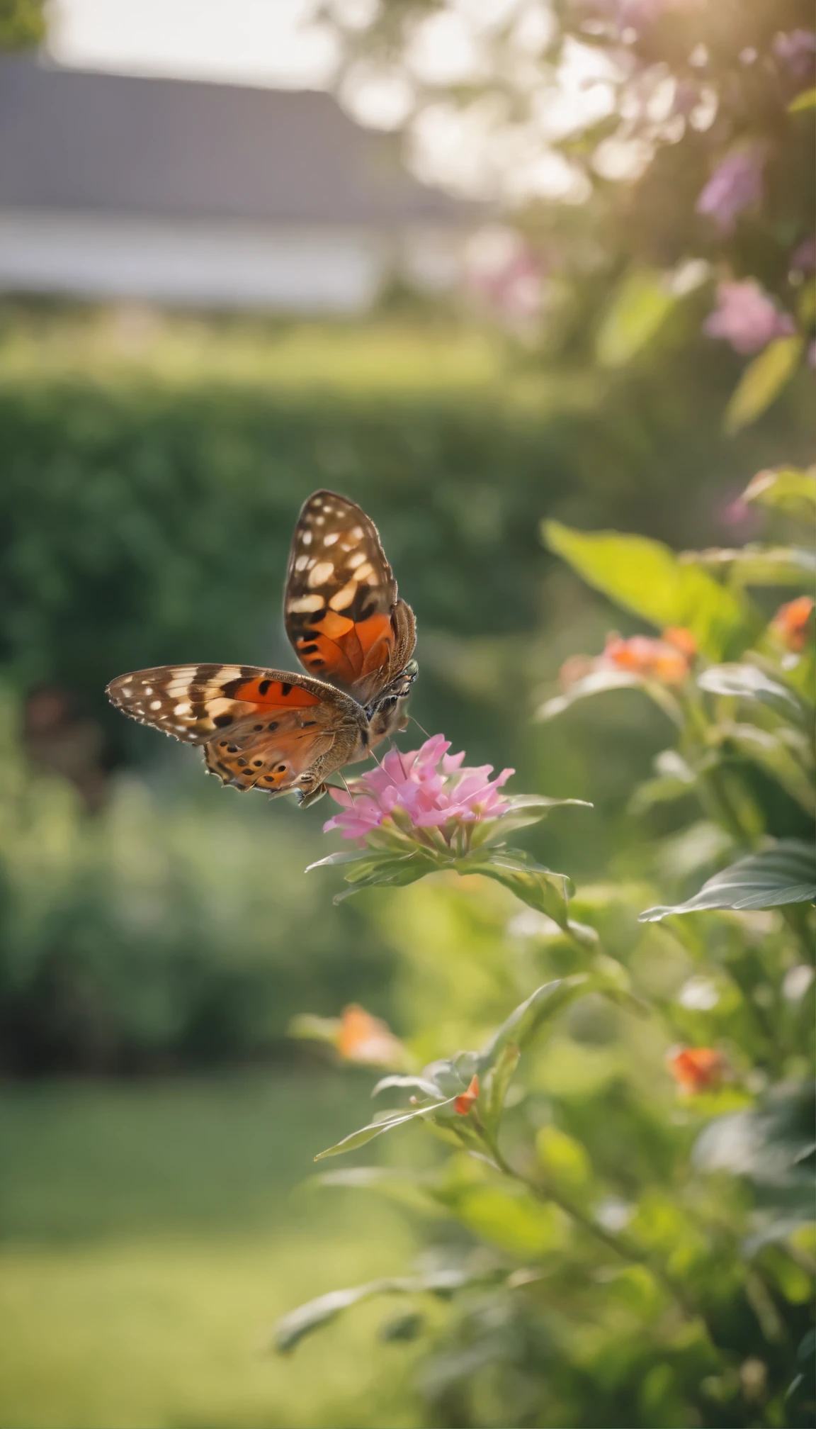 A bright rainbow-colored butterfly with intricately patterned wings、Flying gracefully through the lush gardens in front of a quaint home。Its wings are spread to an impressive width、Each shade blends perfectly into the next。