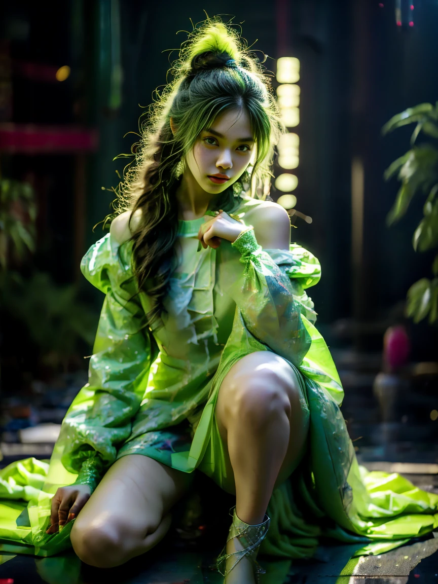 Asian bunny girl, wearing a fluorescent green dress, liquid texture, cyberpunk, Final Fantasy style, exquisite facial features, holding cotton candy，(Knee Shot:1.5)，masterpiece，best quality，high resolution，8K，original photo，real picture，Digital Photography，(UHD, anatomically correct, textured skin, ccurate, award winning), 1lltnh1