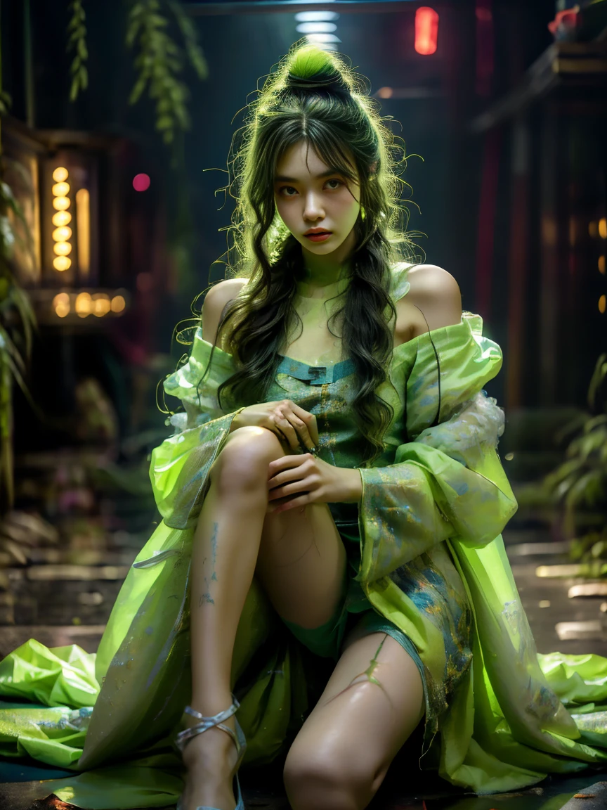 Asian bunny girl, wearing a fluorescent green dress, liquid texture, cyberpunk, Final Fantasy style, exquisite facial features, holding cotton candy，(Knee Shot:1.5)，masterpiece，best quality，high resolution，8K，original photo，real picture，Digital Photography，(UHD, anatomically correct, textured skin, ccurate, award winning), 1lltnh1