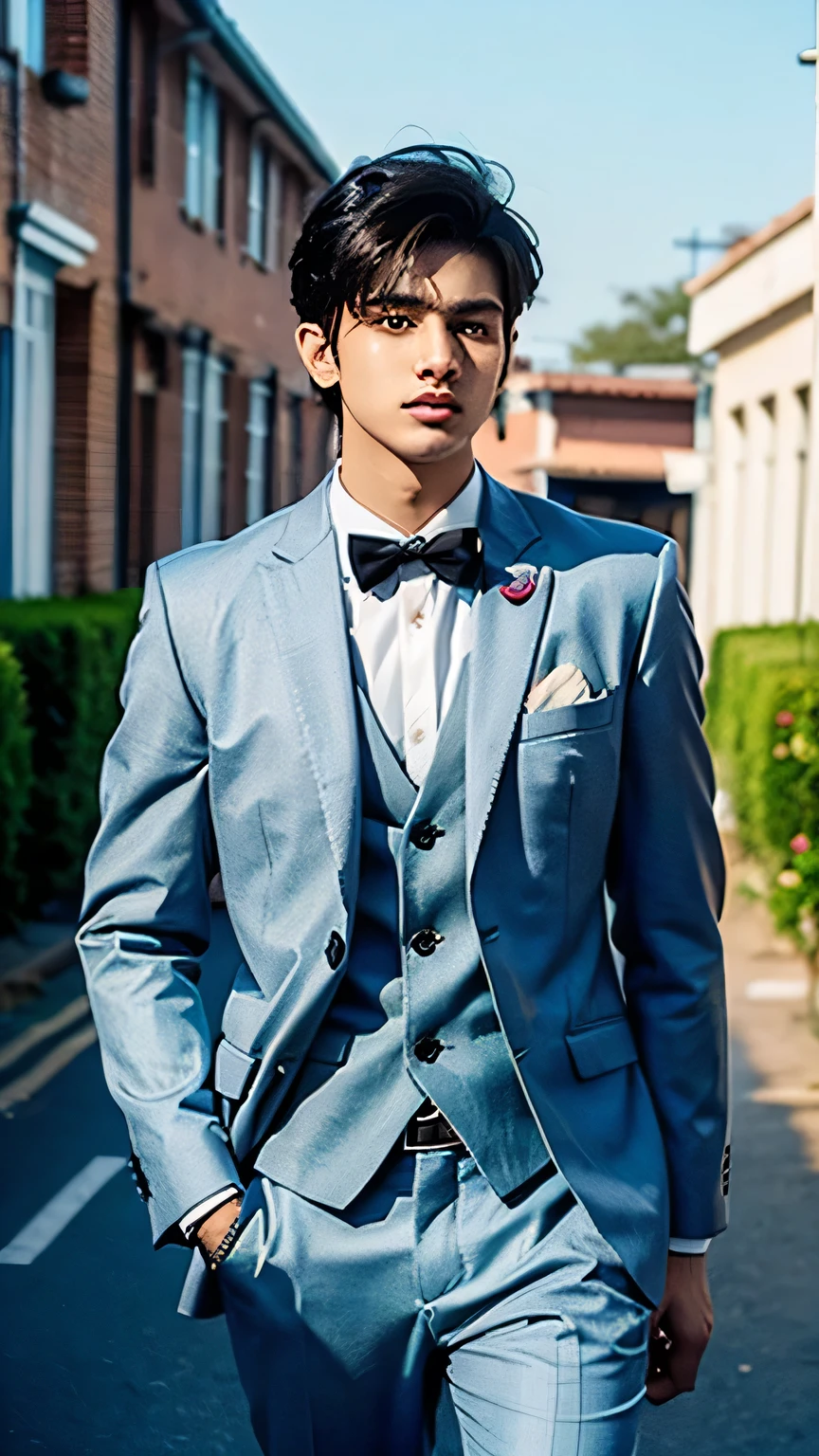 A 20 years old Indian bihari boy where he wearing sky blue suit pant 