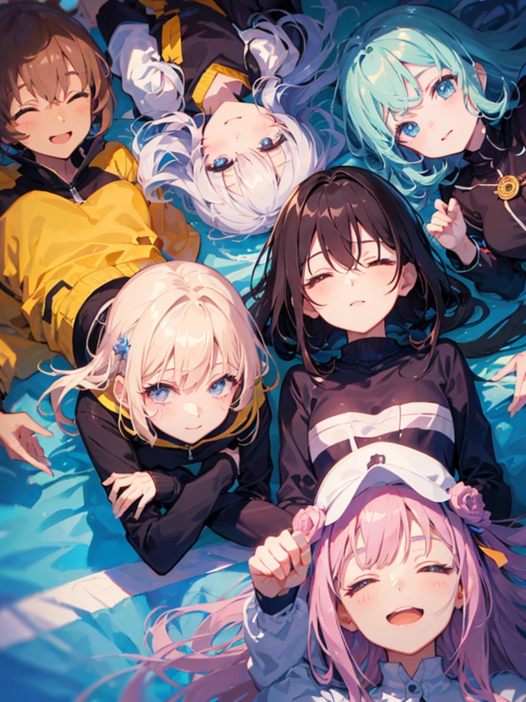 Cute girls lying down with their heads in the center in anime quality, 5Idol, Sleeping in a circle, Radial, Jacket illustration, arious pose, Kyoto Animation,