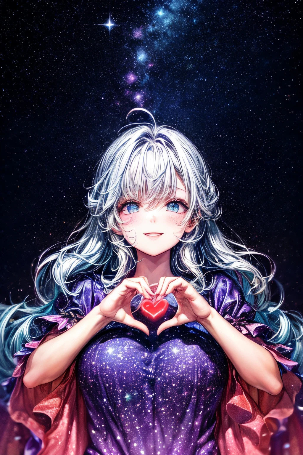 Under the Starry Sky (16k Wallpaper, 32k HD HDR): "Illustrate two cute girls making a heart shape with their hands under the starry sky, ((Perfect Hands: 1.3)), They are dressed in pop and soft colorful clothes, plump, glossy lips, beautiful clear eyes, (Best Smile), Spoken Heart, surrounded by twinkling stars in the background.