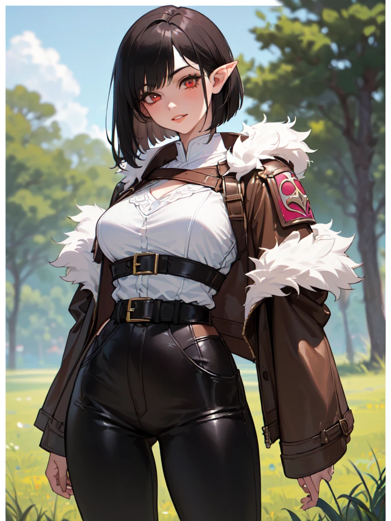 SFW (masterpiece, best quality, 32k) a age girl with medium black hair ((stark black hair, dark black hair, bangs, straight hair, bob, inverted bob, stylish bob)), ((pink eyes, ruby eyes, red eyes, brown eyes, bright eyes, beautiful eyes, detailed eyes, finely detailed eyes, highly detailed eyes)), ((youthful face, beautiful face, cute face, sexy face)), ((dark eyeshadow, dark eyeliner, full lips, small pointy ears)), ((pale skin:1.5, white skin, porcelain skin, smooth skin, soft skin)), standing, walking, outside, outdoors, forest, trees, grass, sky, clouds, simple background. ((Fantasy clothes, fantasy outfit, medieval clothes, medieval outfit, fantasy medieval clothes, fantasy medieval outfit, bounty hunter:1.5, ranger, tracker)), ((fur-lined jacket, fur-lined collar, leather jacket, cropped jacket, leather armor, leather pauldron, single pauldron, harness, chest harness, leather belts, framed breasts, leather pants, tight pants, knee boots)), ((huge breasts:1.7, round breasts:1.3, perky breasts:1.3)), ((slim:1.5, lithe:1.5, slender:1.5, thin:1.5, svelte:1.5, busty:1.2, buxom:1.2, supermodel body:1.2, fit body:1.2)), ((round hips, thin waist, waspish waist, slim waist)), ((long legs, slender legs)), small smile ((full lips)), calm expression, content expression, serene expression, happy expression, open eyes, large eyes, expressive eyes, head-to-waist portrait, cinematics, color oil painting, cinematic lighting, ((extremely detailed face)), ((finely detailed face)), Extremely detailed eyes, finely detailed eyes, beautiful face, beautiful eyes, perfect lighting, depth of field, (realistic proportions), (good anatomy), ((solo:1.6)), ((1girl:1.6))