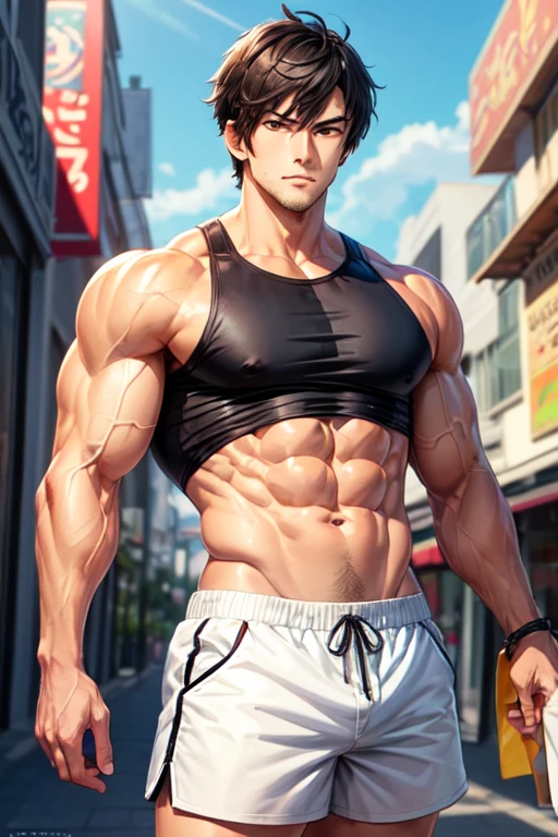 Create the image of a handsome man, black hair, short haircut, fair skin, brown eyes, muscular body, big pecs, six pack, with short and serious shorts, anime style
