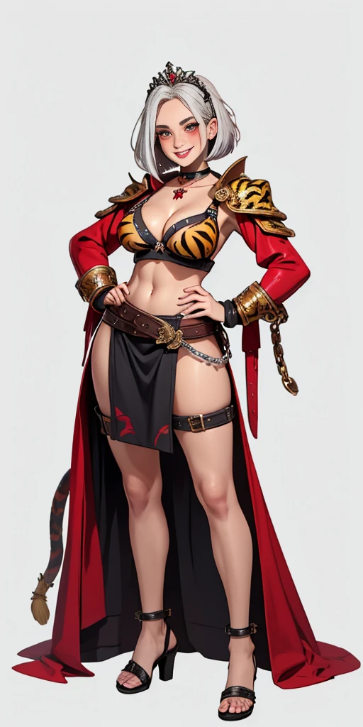 ((Masterpiece plain background,1:2, masterpiece)) full body MILF BIMBO standing with two long yellow tiger print stockings thighs and two high heels, red eyes, silver white hair, short bob style hair, big breasts, cleavage, separate sleeves yellow tiger print, tiara royal, long cape up to two feet, yellow tiger bikini print, hands on waist, navel, lustful smirking smiling, smile face (red blushed, red cheeks) metal shoulders, armbands, black leather choker slave collar, shackle bracelets, slave red crest, full body MILF BIMBO standing with two long thighs and two metal sandals, red eyes, silver white hair, short bob hair, big knockers, cleavage, separate sleeves, tiara royal, long cape up to two feet, yellow bikini, hands on hips, metal shoulders, armbands, black leather choker collar, shackles bracelets, slave red crest, pauldrons, breastplate, leather corset, full body, whole body, 1solo, loincloth standing, hands on hips, metal sandals, choker, big belt, view from below, feet together, bracers, tiara, standing contrapposto straight symmetrical looking to viewer