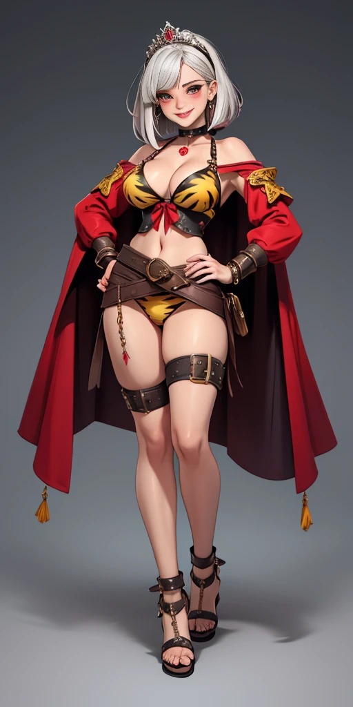 ((Masterpiece plain background,1:2, masterpiece)) full body MILF BIMBO standing with two long yellow tiger print stockings thighs and two high heels, red eyes, silver white hair, short bob style hair, big breasts, cleavage, separate sleeves yellow tiger print, tiara royal, long cape up to two feet, yellow tiger bikini print, hands on waist, navel, lustful smirking smiling, smile face (red blushed, red cheeks) metal shoulders, armbands, black leather choker slave collar, shackle bracelets, slave red crest, full body MILF BIMBO standing with two long thighs and two metal sandals, red eyes, silver white hair, short bob hair, big knockers, cleavage, separate sleeves, tiara royal, long cape up to two feet, yellow bikini, hands on hips, metal shoulders, armbands, black leather choker collar, shackles bracelets, slave red crest, pauldrons, breastplate, leather corset, full body, whole body, 1solo, loincloth standing, hands on hips, metal sandals, choker, big belt, view from below, feet together, bracers, tiara, standing contrapposto straight symmetrical looking to viewer