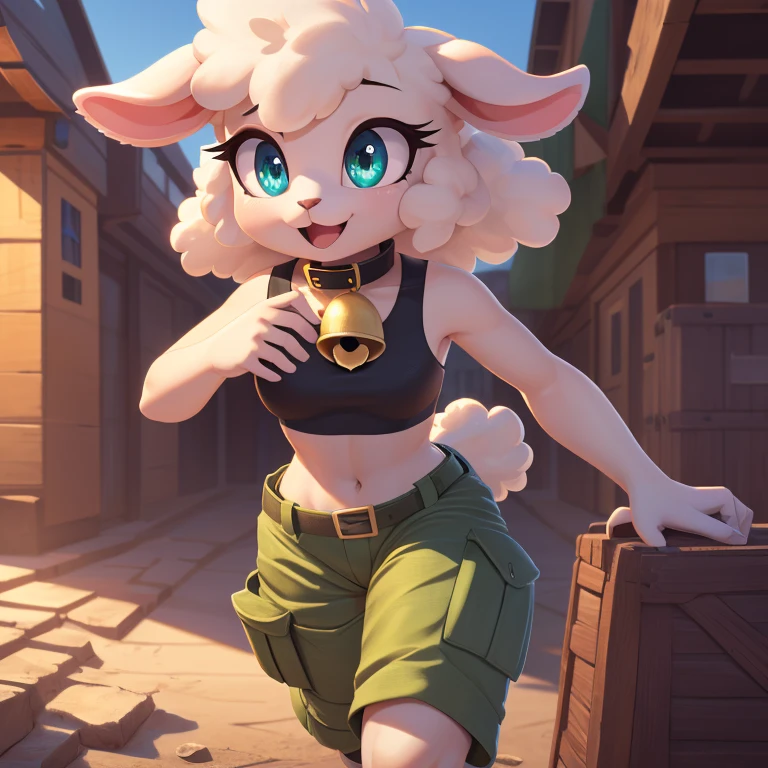 Lanolin the sheep, female anthro, high resolution, beautiful face, beautiful eyes, hyper detailed, Masterpiece, high quality, studio quality, intricate details, 8k, dynamic shot, HD, absurd res, digital media, ((yellow crop top, green cargo pants, bell collar, cute expression))