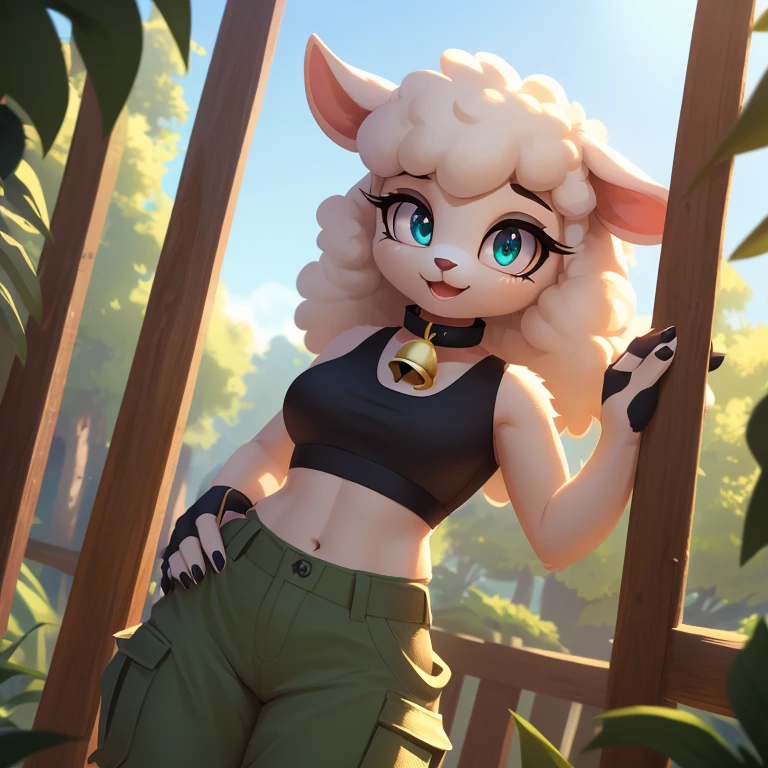 Lanolin the sheep, female anthro, high resolution, beautiful face, beautiful eyes, hyper detailed, Masterpiece, high quality, studio quality, intricate details, 8k, dynamic shot, HD, absurd res, digital media, ((yellow crop top, green cargo pants, bell collar, cute expression))