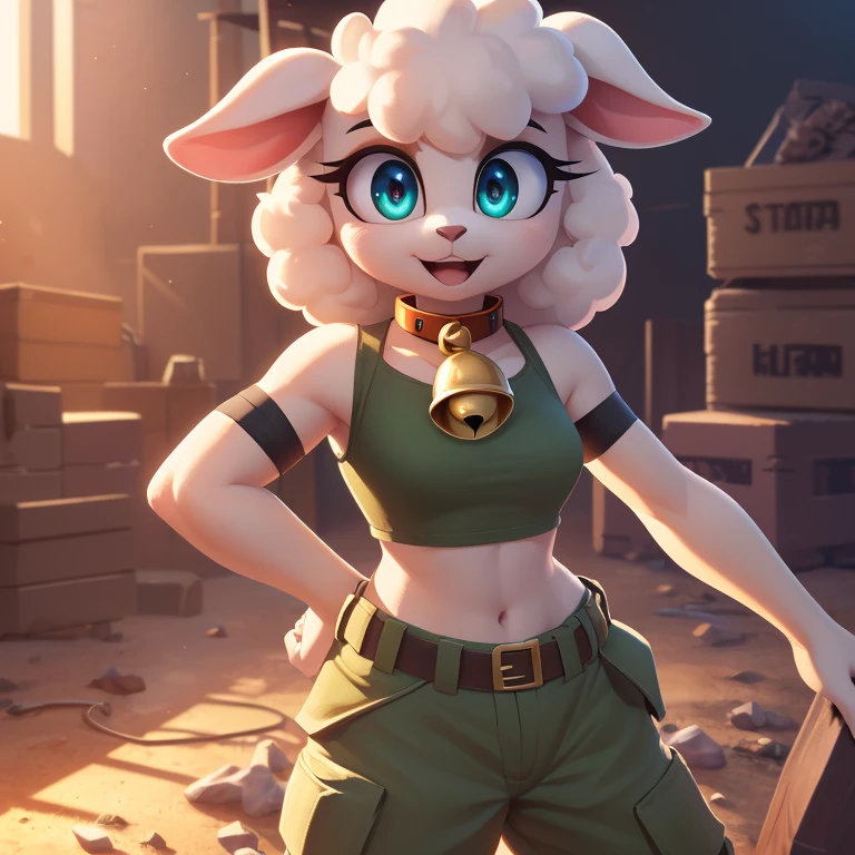 Lanolin the sheep, female anthro, high resolution, beautiful face, beautiful eyes, hyper detailed, Masterpiece, high quality, studio quality, intricate details, 8k, dynamic shot, HD, absurd res, digital media, ((yellow crop top, green cargo pants, bell collar, cute expression))