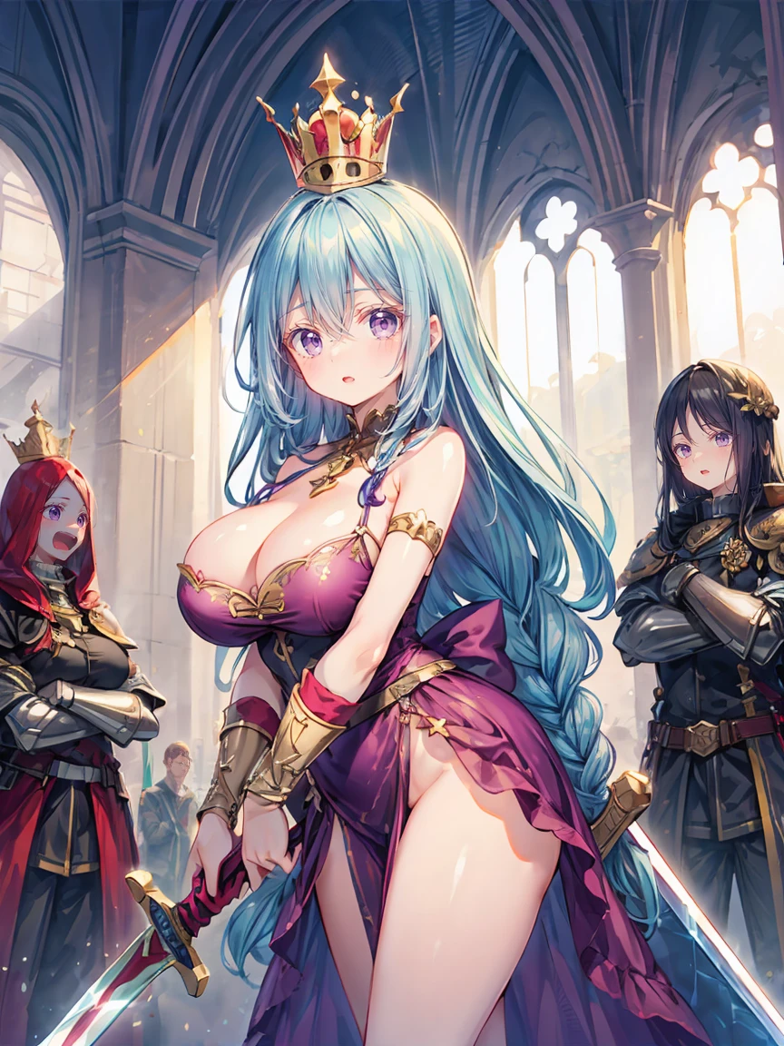 (8Kmasterpiece,highest quality:1.4),Ultra-high resolution,(masterpiece:1.4),hyper detail
BREAK (1 girl),Beautiful Face,(purple eyes),(Sleepy eyes:1.4),(Thick eyeliner:1.3),Beautiful and delicate eyes,(Thin and long eyelashes:1.3),artistic makeup
BREAK (blue hair),(hairs between eyes,crossed bangs:1.3),(long braid:1.3)
BREAK (shy),(no expression),(open mouth:1.2),(closed eyes:1.2)
BREAK (slender body),(big breasts:1.2),(big thights),big ass
BREAK (paladin costume:1.3),(queen's clown:1.3),(luxury accessory),(gauntlet globe:1.25)
BREAK (standing:1.3),(gripping a big sword:1.4)
BREAK (dark castle:1.3),(dark atomsphire:1.2)
BREAK depth of written boundary,Amazing panoramic views,(looking viewer:1.4),(Vignette Light:1.2),ducth angle shot