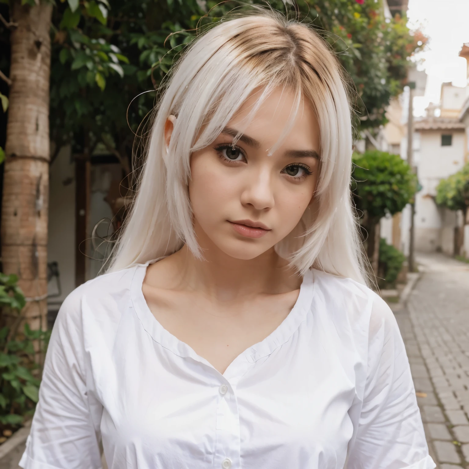 Chico anime con cabello blanco y ojos
rojos con una camisa blanca