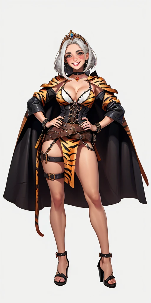 ((Masterpiece plain background,1:2, masterpiece)) full body MILF BIMBO standing with two long yellow tiger print stockings thighs and two high heels, red eyes, silver white hair, short bob style hair, big breasts, cleavage, separate sleeves yellow tiger print, tiara royal, long cape up to two feet, yellow tiger bikini print, hands on waist, navel, lustful smirking smiling, smile face (red blushed, red cheeks) metal shoulders, armbands, black leather choker slave collar, shackle bracelets, slave red crest, full body MILF BIMBO standing with two long thighs and two metal sandals, red eyes, silver white hair, short bob hair, big knockers, cleavage, separate sleeves, tiara royal, long cape up to two feet, yellow bikini, hands on hips, metal shoulders, armbands, black leather choker collar, shackles bracelets, slave red crest, pauldrons, breastplate, leather corset, full body, whole body, 1solo, loincloth standing, hands on hips, metal sandals, choker, big belt, view from below, feet together, bracers, tiara, standing contrapposto straight symmetrical looking to viewer