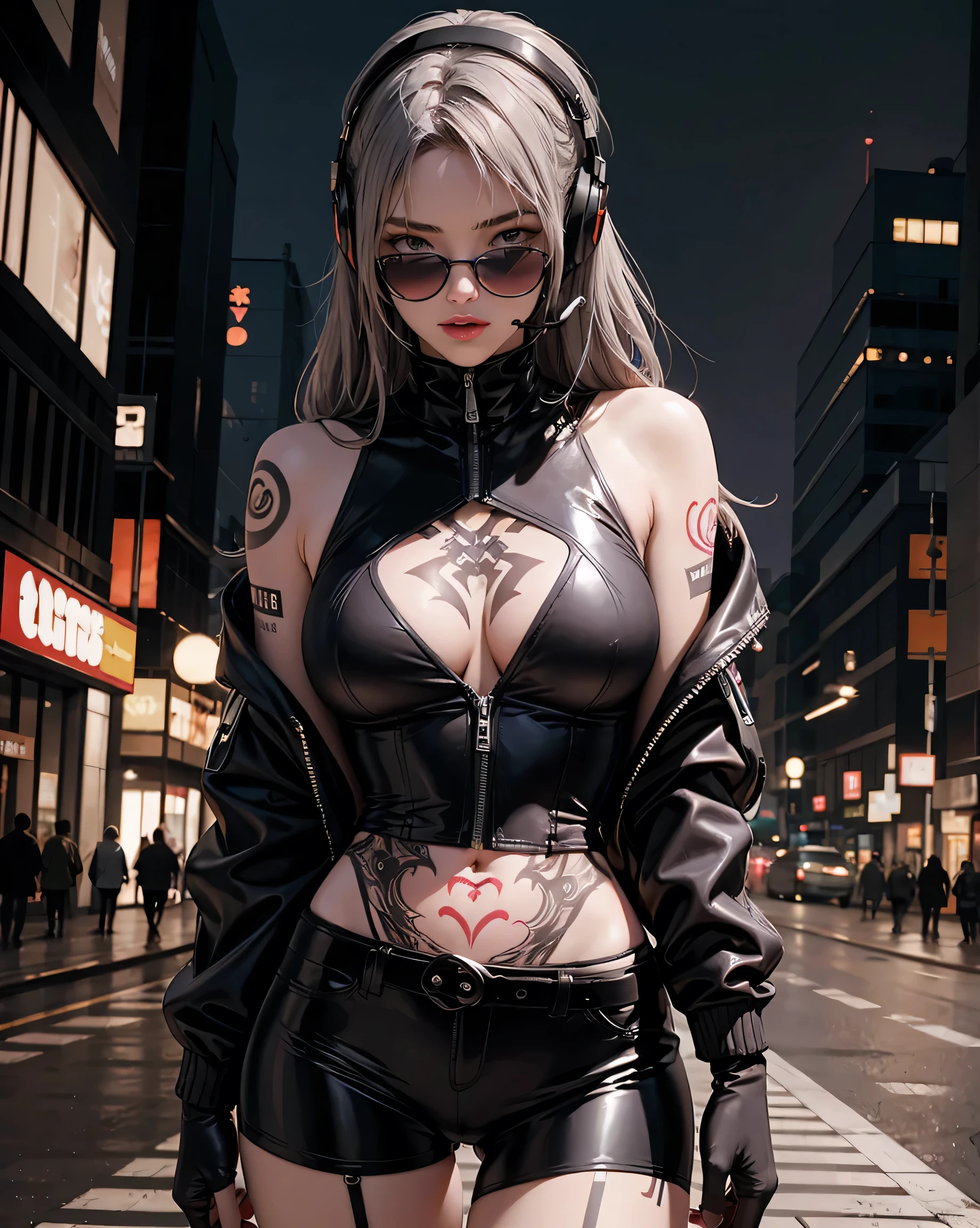 One girl, Gray Hair, Long Hair, Techwear masterpiece, highest quality, Realistic, Dark purple jacket, Portraiture, Fine grain, Wearing the headset, Platinum Hair, 21 year old girl, Fashion pose, Half Body, Wide shot, on the road, cyber punk,(((He has many tattoos all over his body)), (((Tight waist))), ((Big Breasts)),(See-through),panties