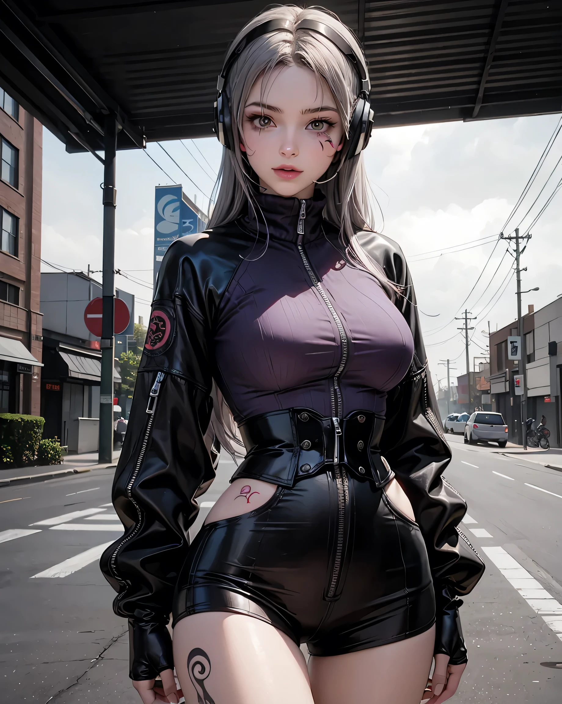 One girl, Gray Hair, Long Hair, Techwear masterpiece, highest quality, Realistic, Dark purple jacket, Portraiture, Fine grain, Wearing the headset, Platinum Hair, 21 year old girl, Fashion pose, Half Body, Wide shot, on the road, cyber punk,(((He has many tattoos all over his body)), (((Tight waist))), ((Big Breasts)),(See-through)，panties