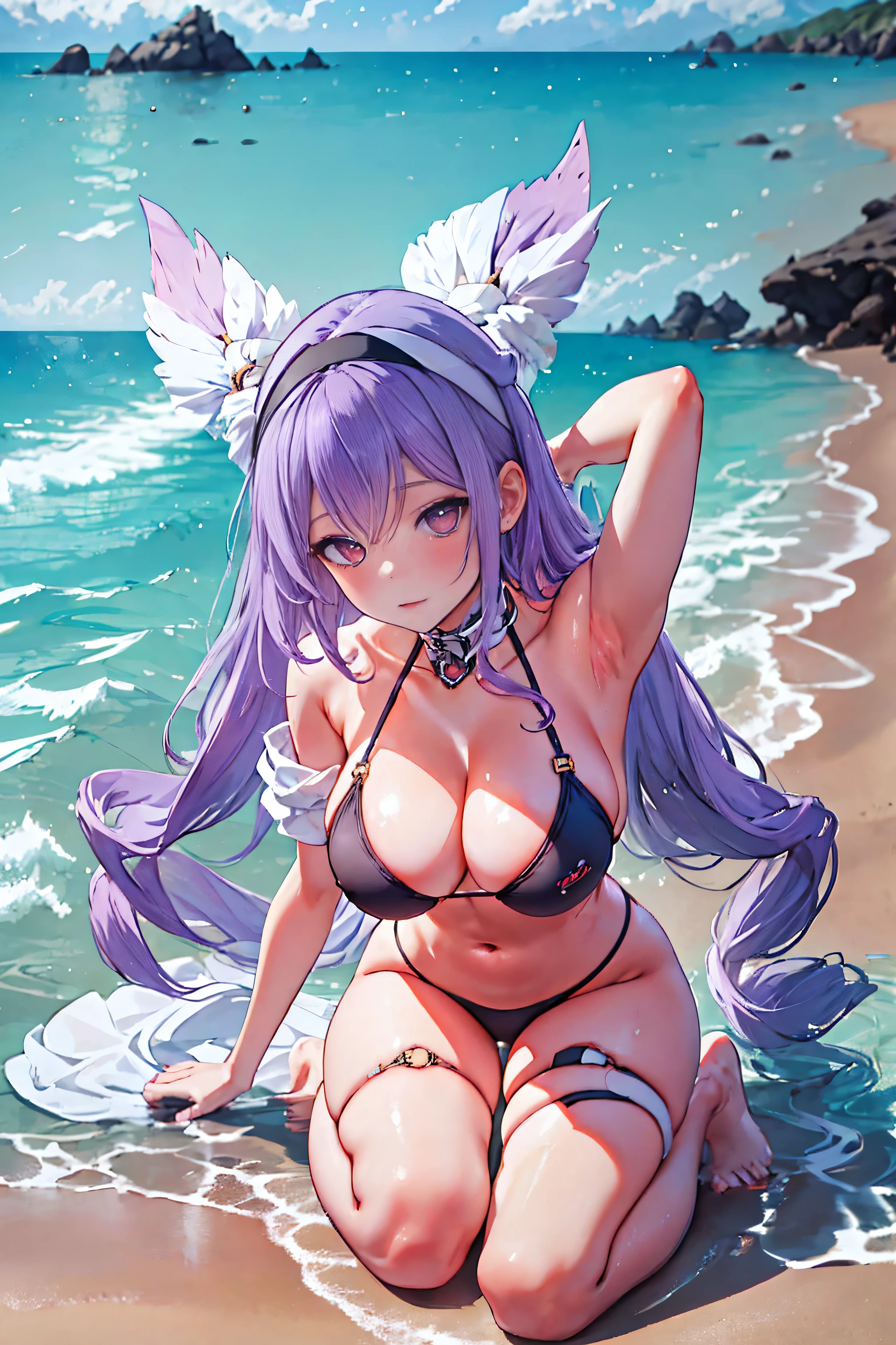 Typhon| Arc Knight, micro bikini, Masterpiece, best quality, 1 woman,25 years old , big, Big breasts, My hair is very long., headband, purple hair, conjunctivitis, proportion body, proportion, show your , Water set, This micro bikini,micro mini bikini, Lying on the beach with exciting challenges, Not clear. ,only, beautiful sea, The sky is beautiful, Looking at the audience from the front, thigh strap, tilt your head, bored, 10, 10, high resolution, expressionless,