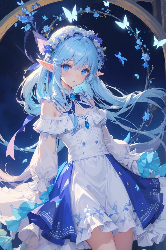 art by Cornflower,(top-quality),(master piece),((elf)),1 girl,light blue long hair,blue ribbon hair ornamen,blue eyes,white clothes with blue decorations,many glowing white butterflies, night sky, magic light,high fantasy,anime art wallpaper 4k, beautiful anime artwork, beautiful anime art, beautiful fantasy anime, anime,(high contrast)