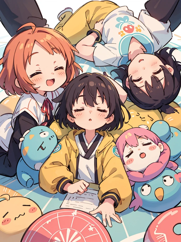 Cute girls lying down with their heads in the center in anime quality, 5Idol, Sleeping in a circle, Radial, Jacket illustration, arious pose, Kyoto Animation,