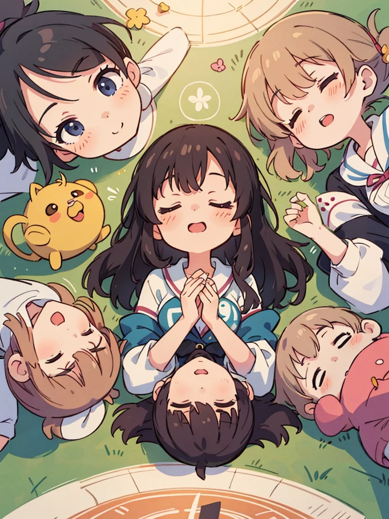 Cute girls lying down with their heads in the center in anime quality, 5Idol, Sleeping in a circle, Radial, Jacket illustration, arious pose, Kyoto Animation,