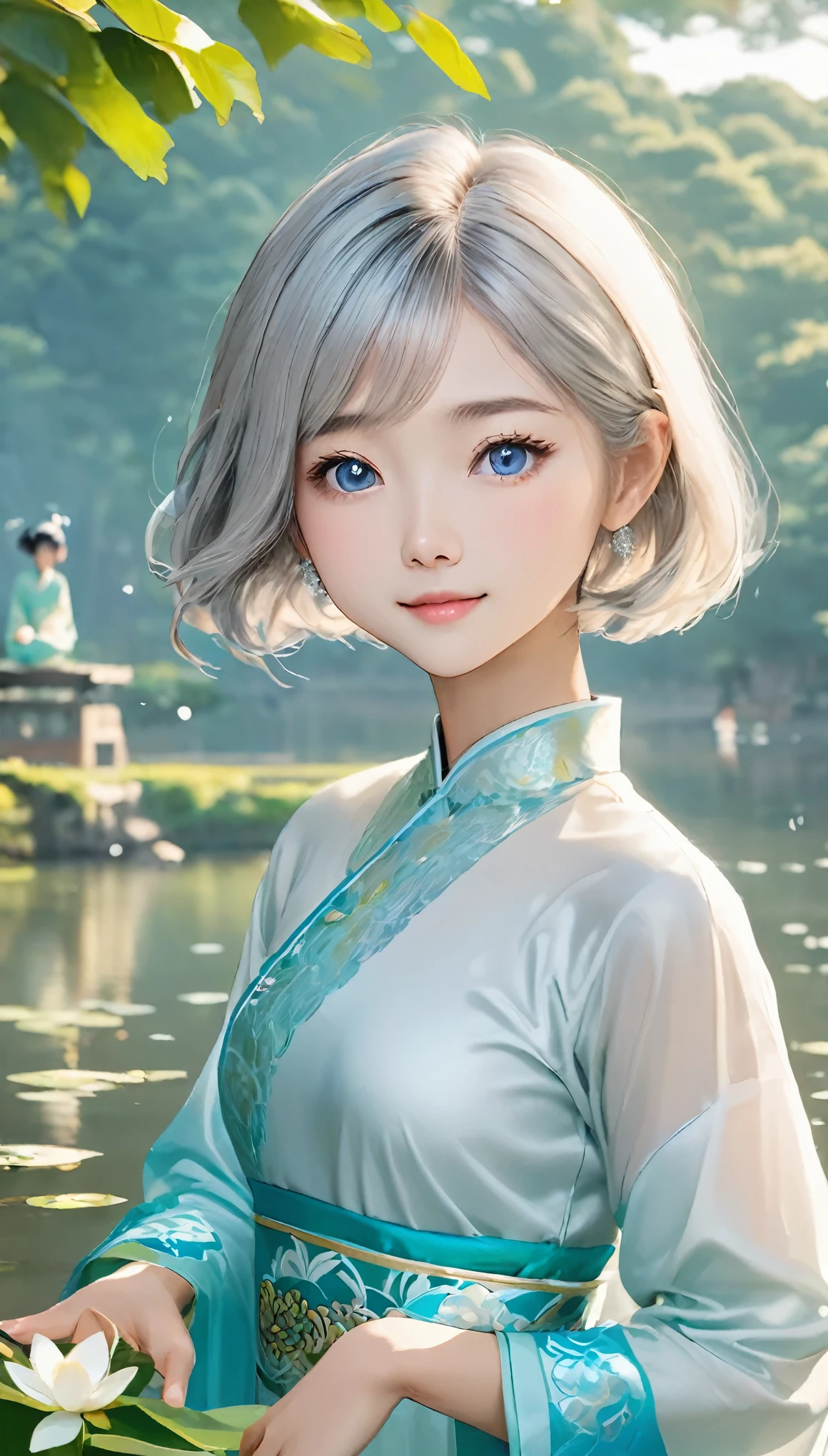 Tabletop, highest quality, High resolution,Portrait, (((Detailing、8k resolution))), (((Beautiful face drawn in every detail))),Full body angle,Smirking expression、alone, bright light blue eyes, ((Beautiful silky silver hair、Short Bob、Shortcuts))、(((Beautiful Ao Dai:1.3、Ao Dai,Beautiful White Ao Dai)))、Outdoor、Lake Lotus
