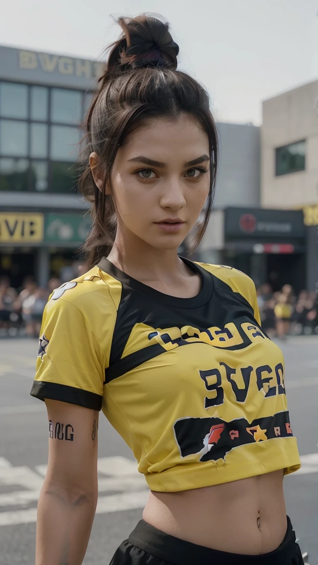 (Girl1,triangle face,red eyes),(black hair,top Knot hairstyle),((t-shirt Borussia Dortmund,t-shirt BVB,short skirt)),Very details CG, module, 8K wallpapers, top quality, high precision, beautiful lighting, realistic shade, high precision, detailed skin, very detailed, faces and detailed eyes, realistic eyes, cowboy shot
