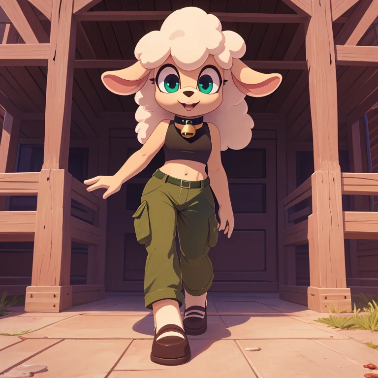 Lanolin the sheep, female anthro, high resolution, beautiful face, beautiful eyes, hyper detailed, Masterpiece, high quality, studio quality, intricate details, 8k, dynamic shot, HD, absurd res, digital media, ((yellow crop top, green cargo pants, bell collar, cute expression))